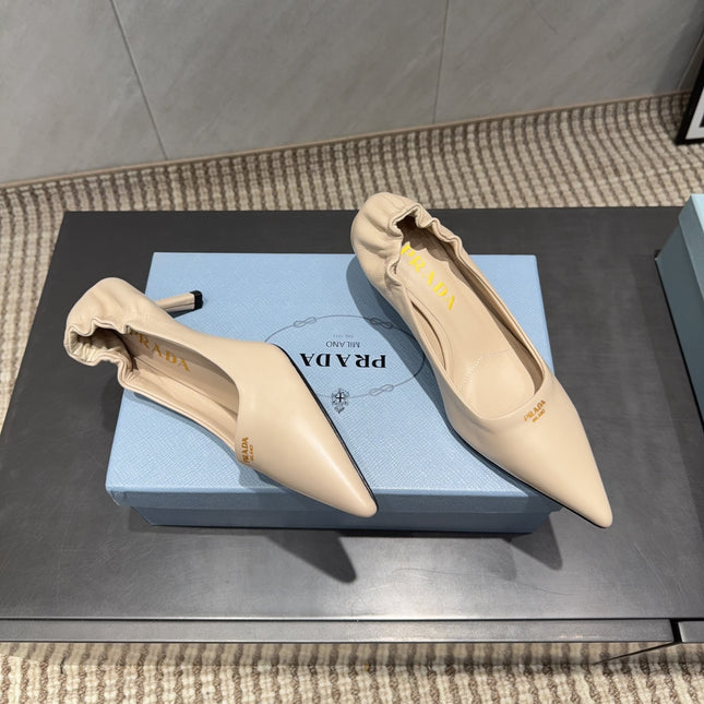PRADA 26S POINTED TOE PUMPS 55MM IN NUDE SHEEPSKIN