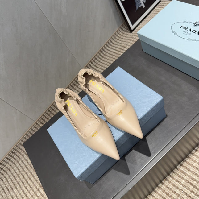 PRADA 26S POINTED TOE PUMPS 55MM IN NUDE SHEEPSKIN