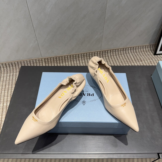 PRADA 26S POINTED TOE PUMPS 55MM IN NUDE SHEEPSKIN