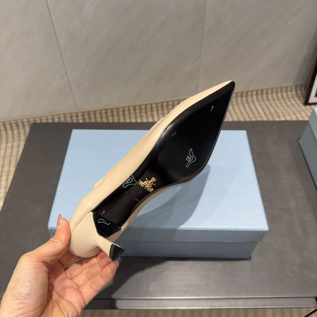 PRADA 26S POINTED TOE PUMPS 55MM IN NUDE SHEEPSKIN