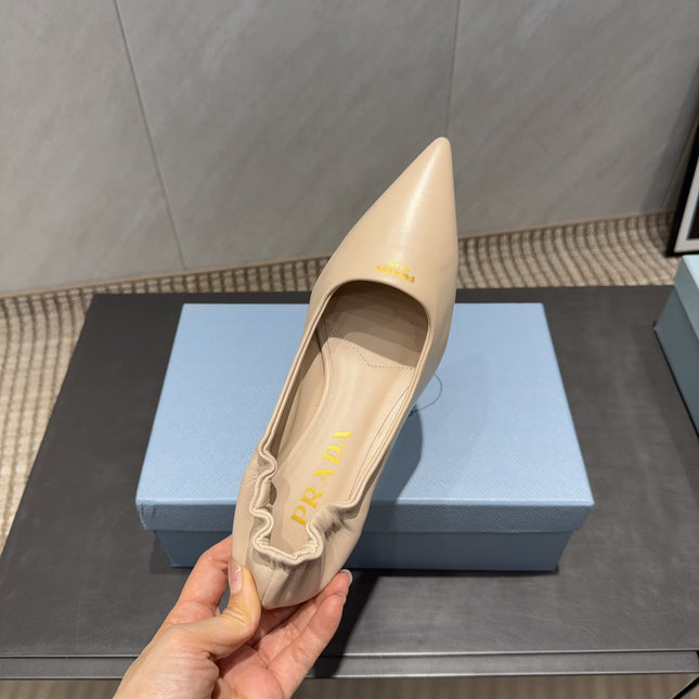 PRADA 26S POINTED TOE PUMPS 55MM IN NUDE SHEEPSKIN
