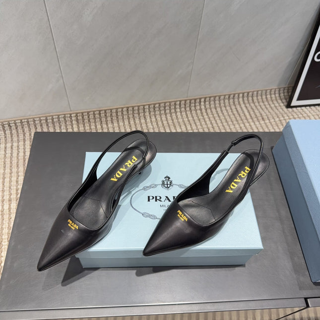 PRADA 26S POINTED TOE SLINGBACK HIGH HEELS 55MM IN BLACK SHEEPSKIN