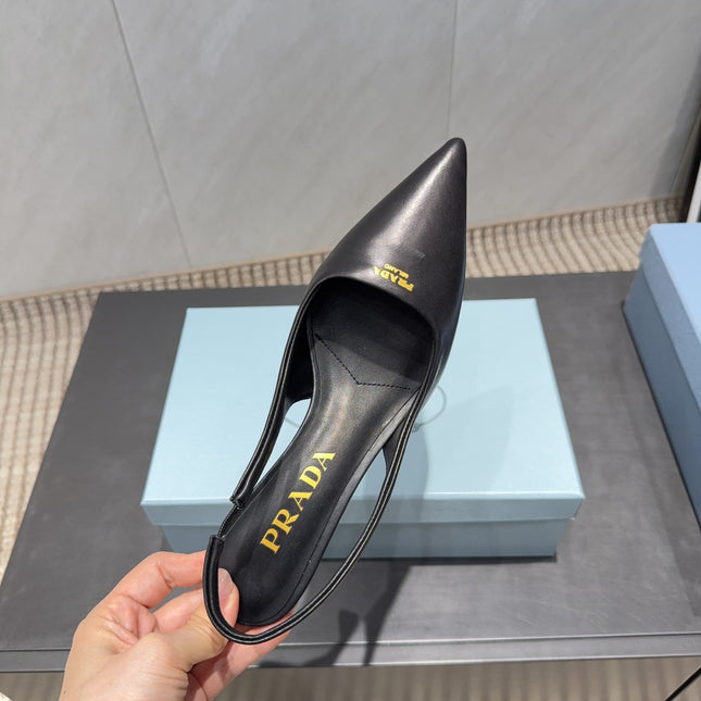 PRADA 26S POINTED TOE SLINGBACK HIGH HEELS 55MM IN BLACK SHEEPSKIN