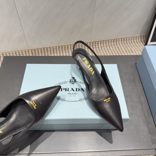 PRADA 26S POINTED TOE SLINGBACK HIGH HEELS 55MM IN BLACK SHEEPSKIN