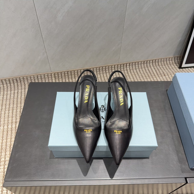 PRADA 26S POINTED TOE SLINGBACK HIGH HEELS 55MM IN BLACK SHEEPSKIN