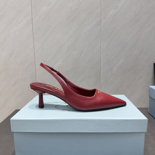 PRADA 26S POINTED TOE SLINGBACK HIGH HEELS 55MM IN DARK RED SHEEPSKIN