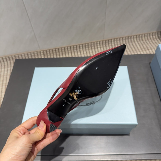PRADA 26S POINTED TOE SLINGBACK HIGH HEELS 55MM IN DARK RED SHEEPSKIN