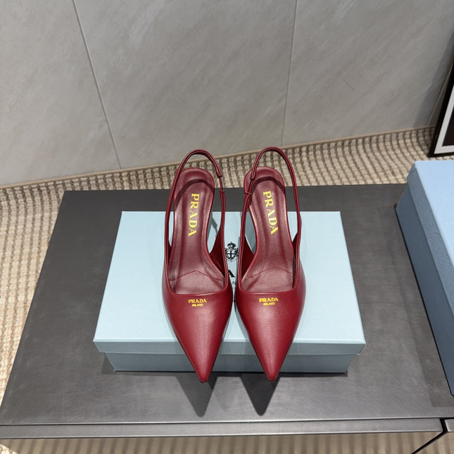 PRADA 26S POINTED TOE SLINGBACK HIGH HEELS 55MM IN DARK RED SHEEPSKIN
