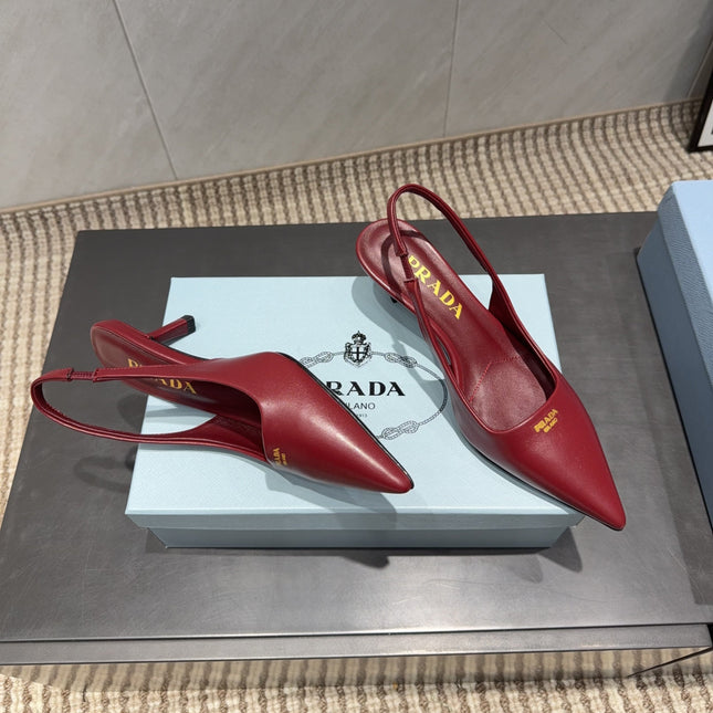 PRADA 26S POINTED TOE SLINGBACK HIGH HEELS 55MM IN DARK RED SHEEPSKIN
