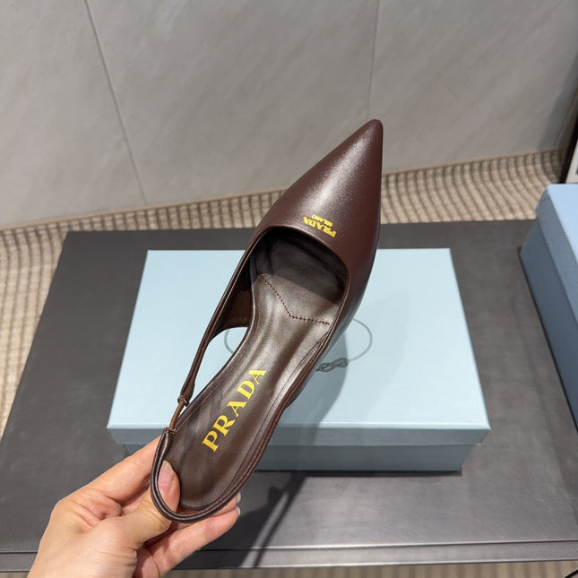 PRADA 26S POINTED TOE SLINGBACK HIGH HEELS 55MM IN DARK BROWN SHEEPSKIN