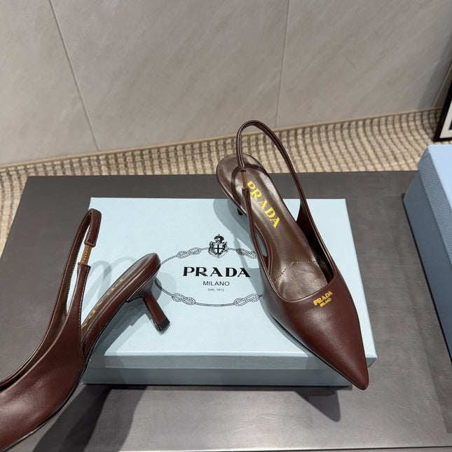 PRADA 26S POINTED TOE SLINGBACK HIGH HEELS 55MM IN DARK BROWN SHEEPSKIN