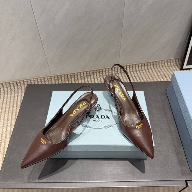 PRADA 26S POINTED TOE SLINGBACK HIGH HEELS 55MM IN DARK BROWN SHEEPSKIN