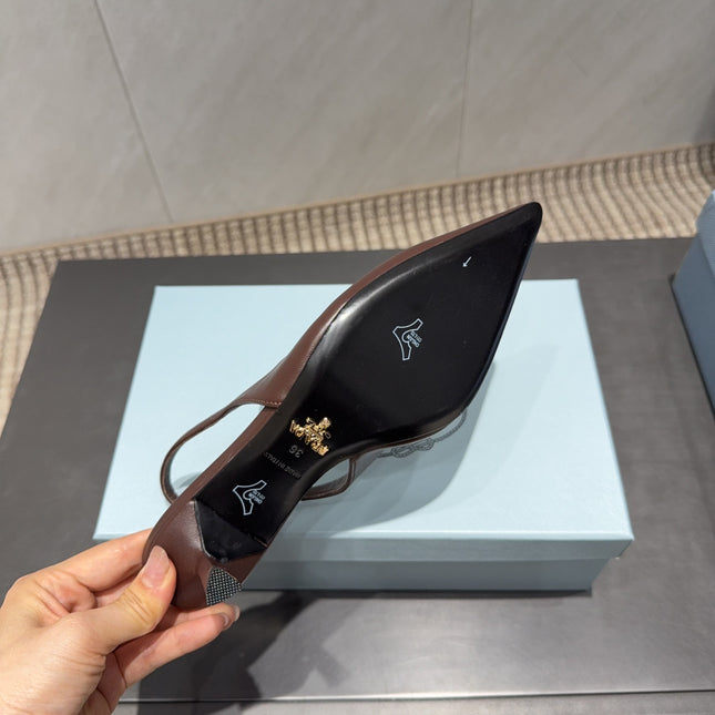 PRADA 26S POINTED TOE SLINGBACK HIGH HEELS 55MM IN DARK BROWN SHEEPSKIN