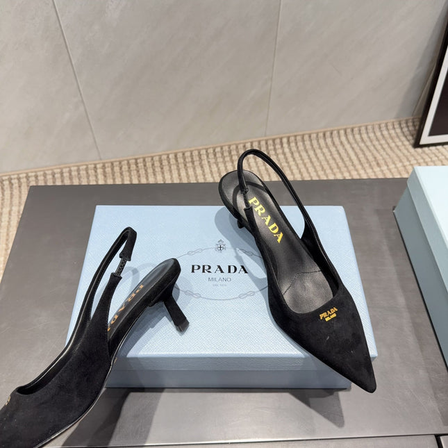 PRADA 26S POINTED TOE SLINGBACK HIGH HEELS 55MM IN BLACK SUEDE