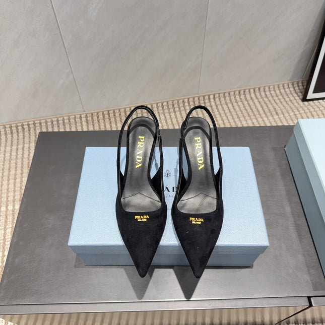 PRADA 26S POINTED TOE SLINGBACK HIGH HEELS 55MM IN BLACK SUEDE