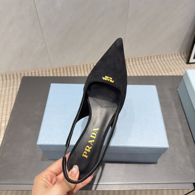 PRADA 26S POINTED TOE SLINGBACK HIGH HEELS 55MM IN BLACK SUEDE