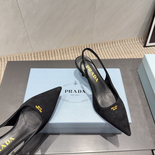 PRADA 26S POINTED TOE SLINGBACK HIGH HEELS 55MM IN BLACK SUEDE