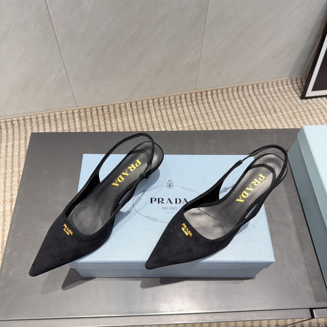 PRADA 26S POINTED TOE SLINGBACK HIGH HEELS 55MM IN BLACK SUEDE