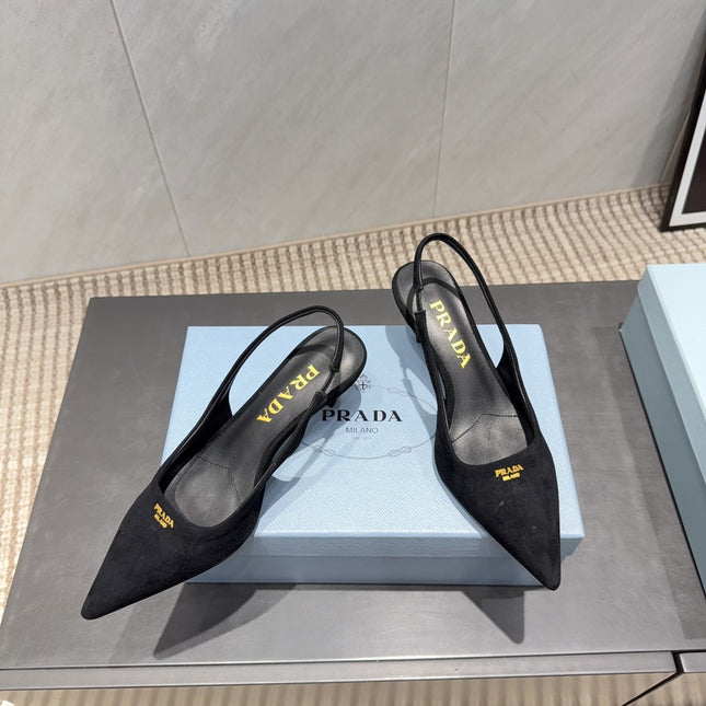 PRADA 26S POINTED TOE SLINGBACK HIGH HEELS 55MM IN BLACK SUEDE