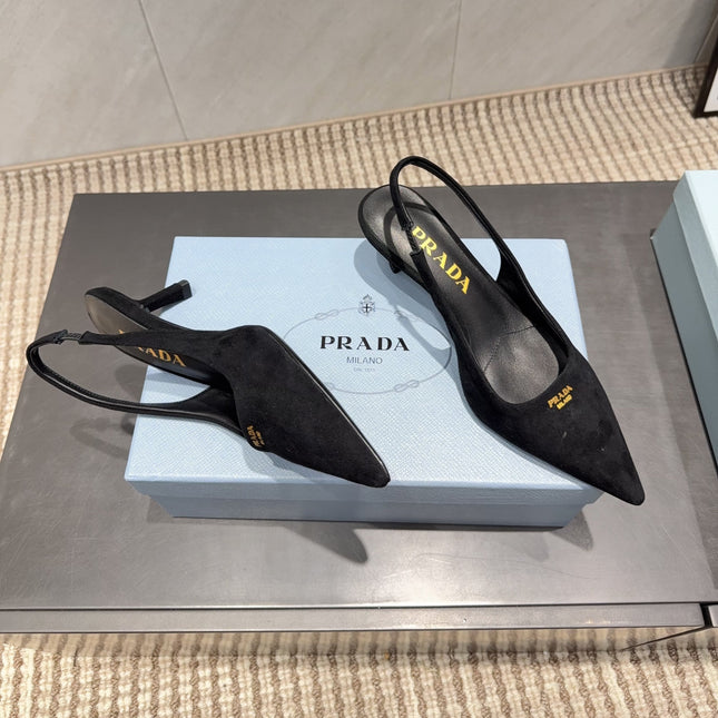 PRADA 26S POINTED TOE SLINGBACK HIGH HEELS 55MM IN BLACK SUEDE