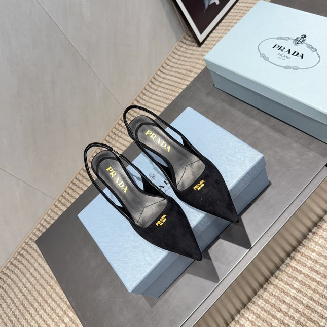 PRADA 26S POINTED TOE SLINGBACK HIGH HEELS 55MM IN BLACK SUEDE