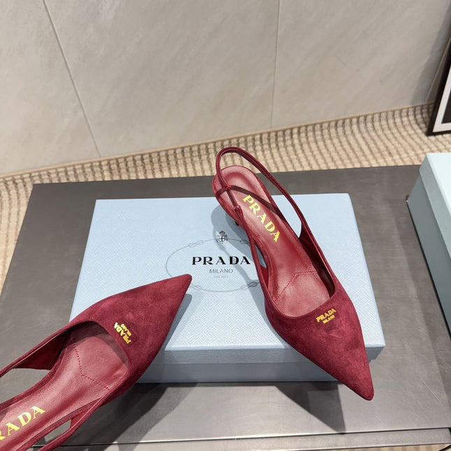 PRADA 26S POINTED TOE SLINGBACK HIGH HEELS 55MM IN DARK RED SUEDE