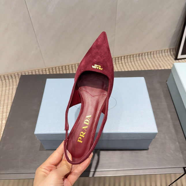 PRADA 26S POINTED TOE SLINGBACK HIGH HEELS 55MM IN DARK RED SUEDE