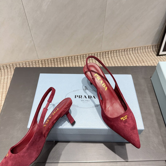PRADA 26S POINTED TOE SLINGBACK HIGH HEELS 55MM IN DARK RED SUEDE