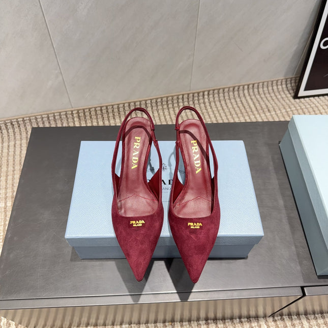 PRADA 26S POINTED TOE SLINGBACK HIGH HEELS 55MM IN DARK RED SUEDE
