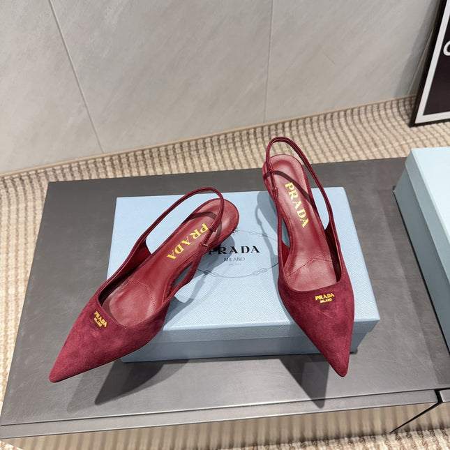 PRADA 26S POINTED TOE SLINGBACK HIGH HEELS 55MM IN DARK RED SUEDE