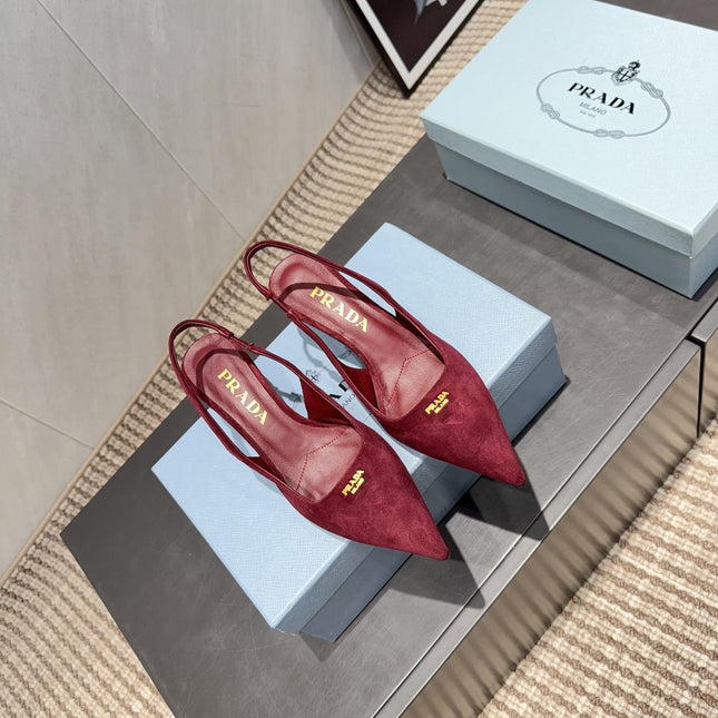 PRADA 26S POINTED TOE SLINGBACK HIGH HEELS 55MM IN DARK RED SUEDE