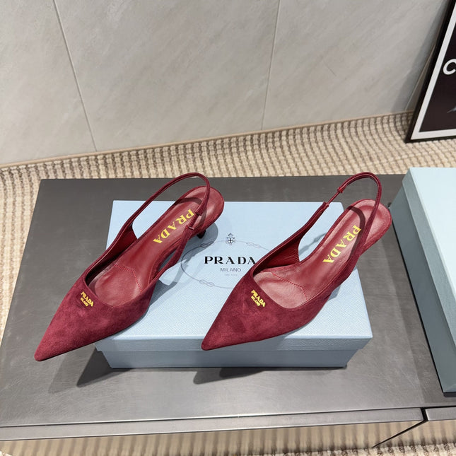 PRADA 26S POINTED TOE SLINGBACK HIGH HEELS 55MM IN DARK RED SUEDE
