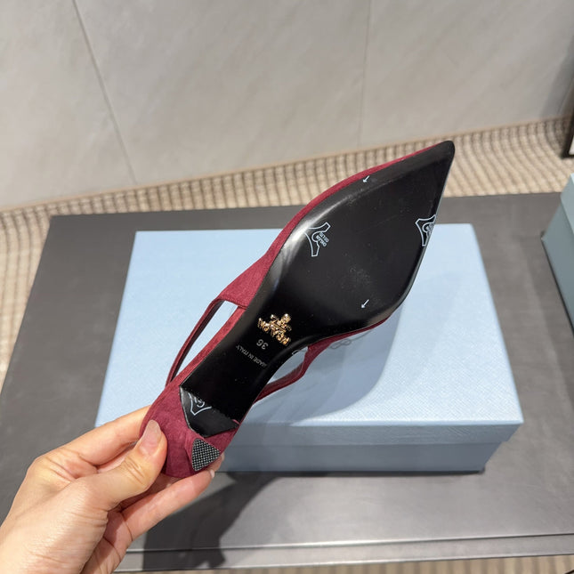 PRADA 26S POINTED TOE SLINGBACK HIGH HEELS 55MM IN DARK RED SUEDE