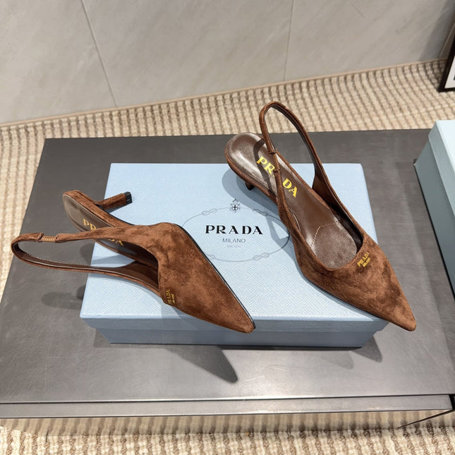 PRADA 26S POINTED TOE SLINGBACK HIGH HEELS 55MM IN BROWN SUEDE