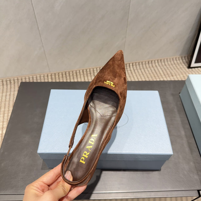 PRADA 26S POINTED TOE SLINGBACK HIGH HEELS 55MM IN BROWN SUEDE