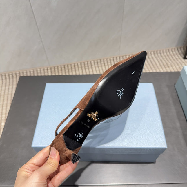 PRADA 26S POINTED TOE SLINGBACK HIGH HEELS 55MM IN BROWN SUEDE