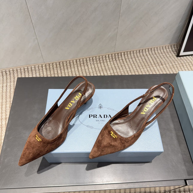 PRADA 26S POINTED TOE SLINGBACK HIGH HEELS 55MM IN BROWN SUEDE