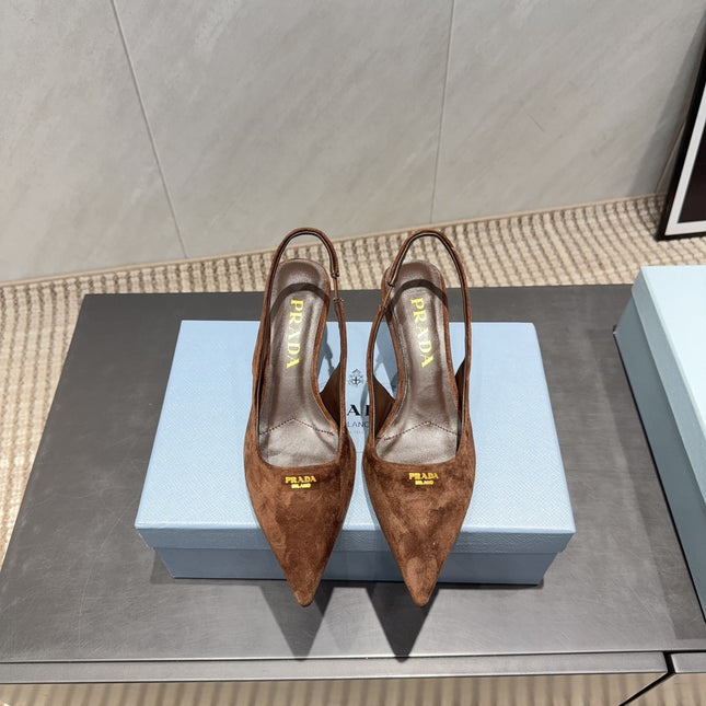 PRADA 26S POINTED TOE SLINGBACK HIGH HEELS 55MM IN BROWN SUEDE