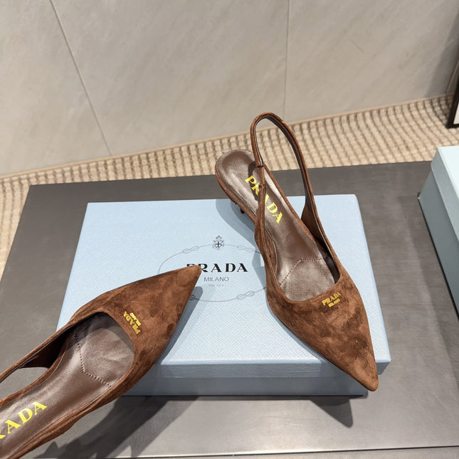 PRADA 26S POINTED TOE SLINGBACK HIGH HEELS 55MM IN BROWN SUEDE