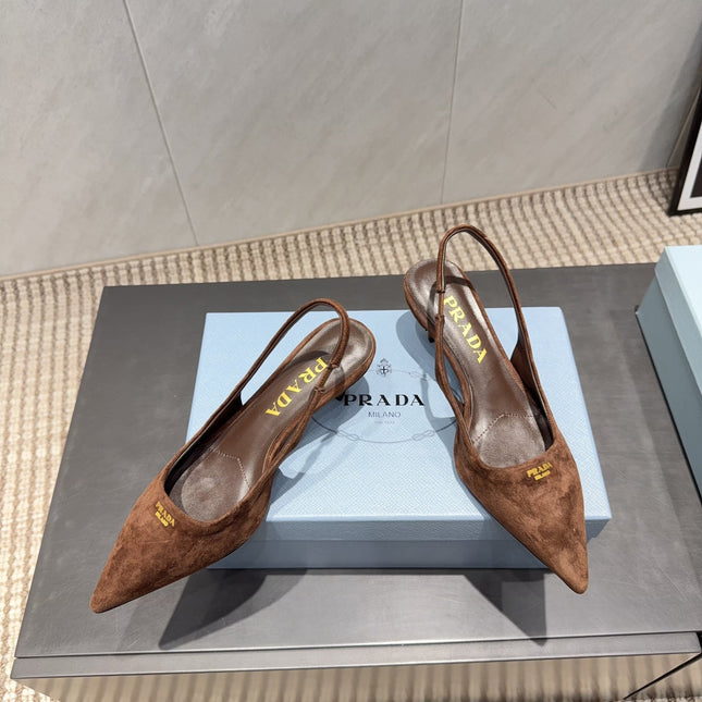 PRADA 26S POINTED TOE SLINGBACK HIGH HEELS 55MM IN BROWN SUEDE