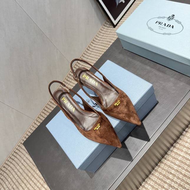 PRADA 26S POINTED TOE SLINGBACK HIGH HEELS 55MM IN BROWN SUEDE