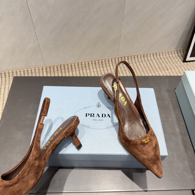 PRADA 26S POINTED TOE SLINGBACK HIGH HEELS 55MM IN BROWN SUEDE
