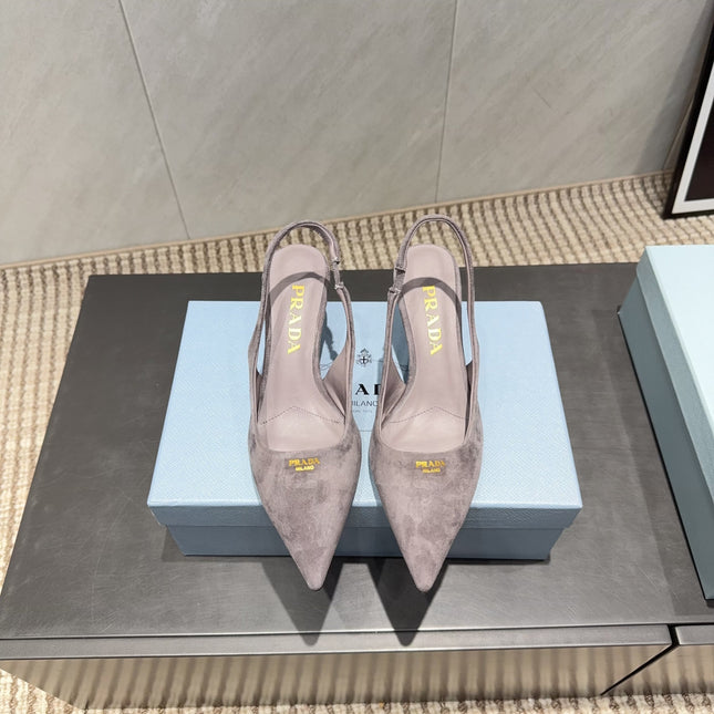 PRADA 26S POINTED TOE SLINGBACK HIGH HEELS 55MM IN TAUPE BROWN SUEDE