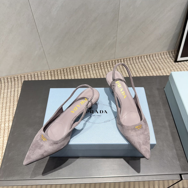 PRADA 26S POINTED TOE SLINGBACK HIGH HEELS 55MM IN TAUPE BROWN SUEDE