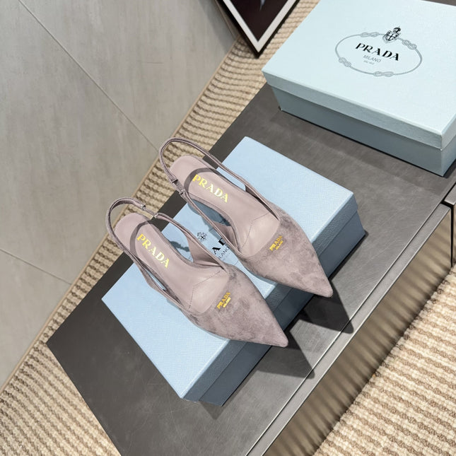 PRADA 26S POINTED TOE SLINGBACK HIGH HEELS 55MM IN TAUPE BROWN SUEDE