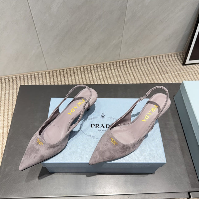 PRADA 26S POINTED TOE SLINGBACK HIGH HEELS 55MM IN TAUPE BROWN SUEDE