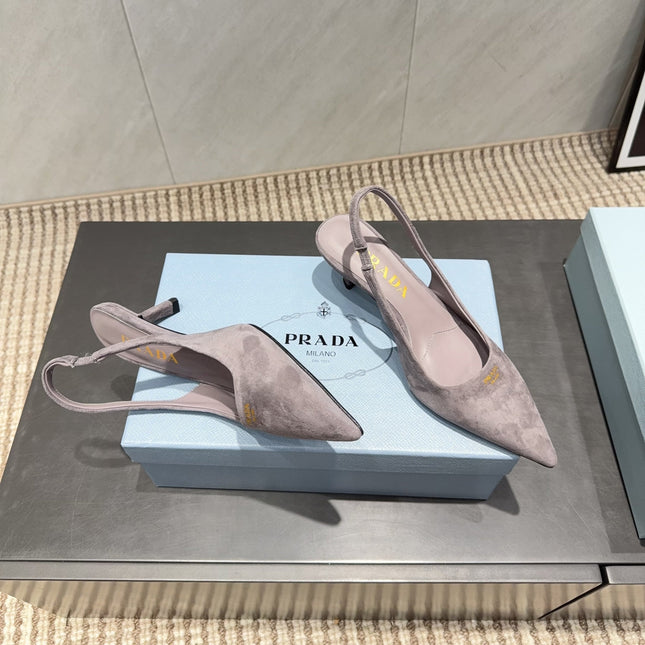 PRADA 26S POINTED TOE SLINGBACK HIGH HEELS 55MM IN TAUPE BROWN SUEDE
