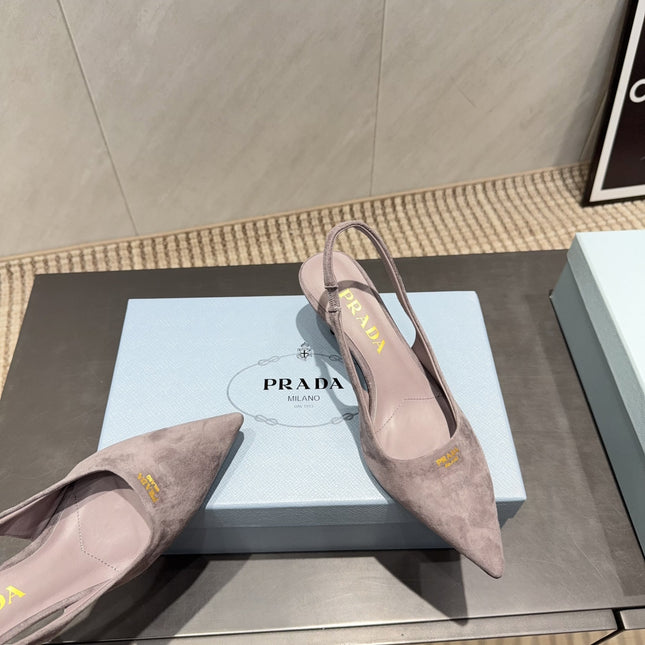 PRADA 26S POINTED TOE SLINGBACK HIGH HEELS 55MM IN TAUPE BROWN SUEDE