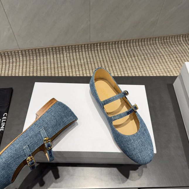 CELINE 26S BALLET FLATS IN BLUE DENIM