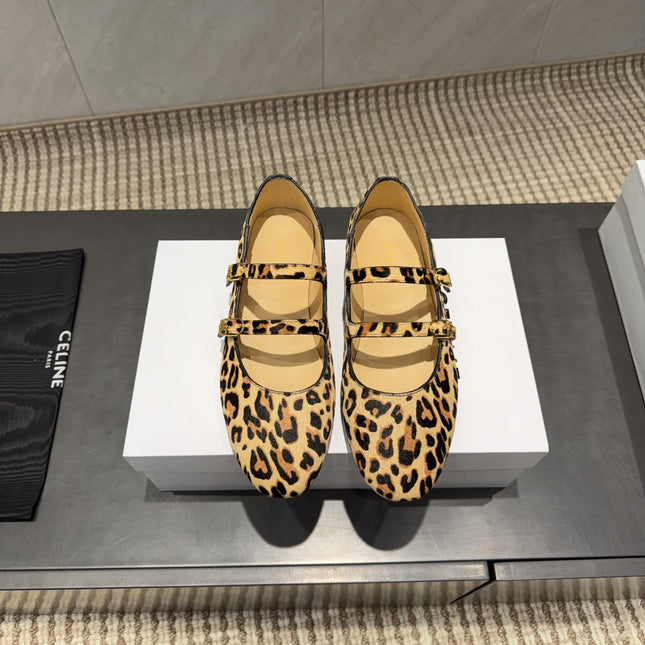CELINE 26S BALLET FLATS IN LEOPARD PRINT FUR